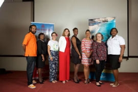 From left to right: Jalil Moore, Kalinago Beach Resort; Maria Bennette, Point Salines Hotel; Marie Fielden, True Blue Bay Resort; Patricia Maher, CEO GTA; Shanai St. Bernard, Marketing Executive GTA; Francine Stewart, Marketing Manager, GTA; Nicki King, St. James Travel and Tours and Nasha Bailey, Sandals Grenada Resort & Spa.