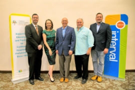 (From left) St. Maarten's Minister of Tourism Stuart A. Johnson; CHTAEF Chairperson Karolin Troubetzkoy; Neil Kolton, Interval International's Director of Business Development for the Caribbean and Southeast U.S. and CHTAEF board member; Ricardo Perez, Vice President of the St. Maarten Timeshare Association; and Wyb Meijer, Executive Director of the St. Maarten Hospitality & Trade Association in St. Maarten this month.   