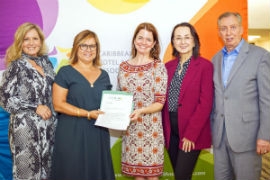 CHTA and The Nature Conservancy have established a partnership: From left: CHTA First Vice President Karen Whitt; CHTA President Patricia Affonso-Dass; The Nature Conservancy's Caribbean Deputy Director Marci Eggers; CHTA's Immediate Past President Karolin Troubetzkoy; and CHTA CEO and Director General Frank Comito.   