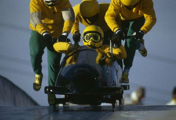 The Jamaican four man bobsleigh team in action at the 1988 Calgary Winter Olympic Games held on Feb. 25, 1988 in Calgary, Canada.(Getty Images/Getty Images