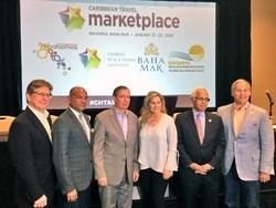 (L-R) Fred Lounsberry, CEO, Nassau Paradise Island Promotion Board; BHTA President Carlton Russell; CHTA CEO Frank Comito; CHTA First Vice President Karen Whitt; Bahamas Minister of Tourism and Aviation Dionisio D'Aguilar; and Graeme Davis, President, Baha Mar at yesterday's press conference.