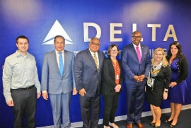 Christine Kennedy, General Manager, Network Planning and Global Partnership Development at Delta Air Lines (center), is flanked by U.S. Virgin Islands Governor Albert Bryan Jr. (right) and Commissioner nominee Joseph Boschulte (left) along with members of her team at Delta's Atlanta headquarters last week.  