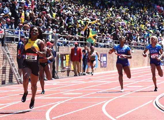 Photograph of Jamaica’s win in the women’s 4x100 courtesy of Track Alerts.