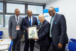 Jamaica's Ambassador to Japan Ricardo Allicock, Minister of Tourism Edmund Bartlett,  Chairman of Japan Association of Travel Agents, Hiromi Tagawa & Director of Tourism Donovan White