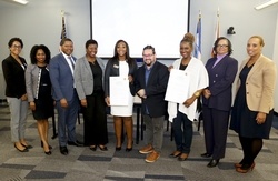 From left to right: CBA Treasurer Dominique Burkhardt, CBA Past President Niyala Harrison, CBA Board Member Laselve Harrison, CBA President-Elect Tricia-Gaye Cotterell, CBA President Charise Morgan-Joseph, Island Syndicate Directors David I. Muir & Calibe Thompson, CBA Board Member Hilary Creary, and CBA Secretary Sasha Francis. | Photo credit: Anisha C Atchanah, Esq