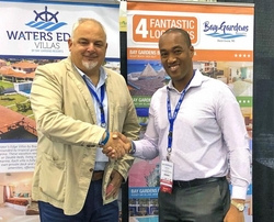 Sanovnik Destang of Bay Gardens Resorts (right) caught up with Guido Bauer of Green Globe during the recent Caribbean Travel Marketplace event in Jamaica.