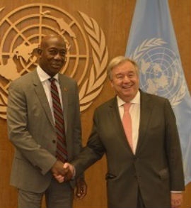 Rowley, left, met with Guterres at U.N. in New York.