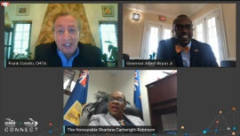 Governor Albert Bryan Jr. (right) addresses Caribbean tourism challenges with Turks and Caicos Islands Premier Sharlene Cartwright-Robinson (center), and Frank Comito, CEO and Director General of the Caribbean Hotel and Tourism Association.