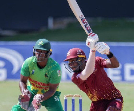 Justin Greaves hits through the off-side during his maiden List A hundred against Windward Islands Volcanoes on Tuesday. (Photo courtesy CWI Media)