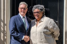 Barbados’ Prime Minister Mia Mottley and British Prime Minister Sir Keir Starmer shake hands following their meeting at 10 Downing Street yesterday. (Photo credit: Prime Minister’s Office)