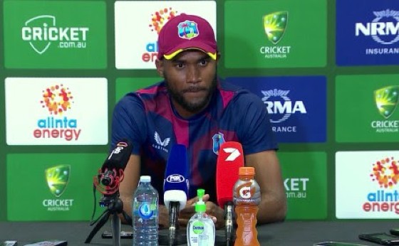 West Indies captain Kraigg Brathwaite speaks to reporters at the post-match media conference in Adelaide.