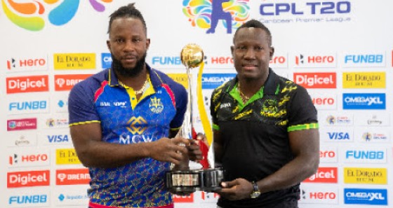 HAND ON THE PRIZE: Captains Kyle Mayers (left) and Rovman Powell pose with the CPL trophy ahead of the final.