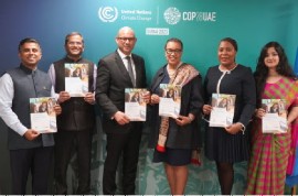 Commonwealth Secretary General Patricia Scotland (third from right) and other officials at launch of the report (Commonwealth Secretariat photo)