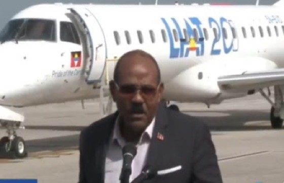 Prime Minister Gaston Browne speaking at the ceremony to welcome the two new LIAT jets