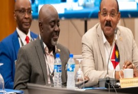 Prime Minister Gaston Browne (Right) at the head of the Antigua and Barbuda delegation at the ongoing CARICOM summit in Guyana (CMC Photo)