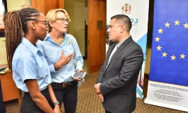 Minister without Portfolio in the Ministry of Economic Growth and Job Creation, Senator Matthew Samuda (right), in discussion with Chairman, White River Fish Sanctuary and Marine Association, Belinda Collier Morrow (center) and Sanctuary Manager, White River Marine Association and Fish Sanctuary, Reanne McKenzie.
