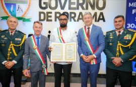 President Dr Mohamed Irfaan Ali (center) has received the Order of Merit Fort Sao Joaquim, the highest of honours of the Brazilian State of Roraima