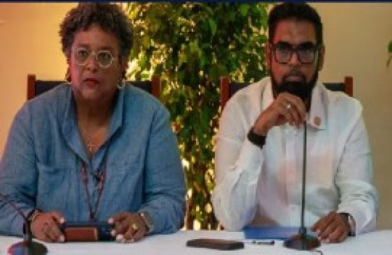 Barbados Prime Minister Mia Mottley and Guyana President Irfaan Ali, announcing the establishment of Trident Arrow Investment Fund at news conference on Tuesday night (CMC Photo)
