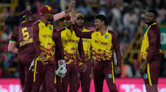 Gudakesh Motie (second right) celebrates one of his three wickets against South Africa in the final T20I