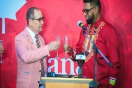 President Dr. Irfaan Ali (Right) and Canadian High Commissioner, Mark Berman at the Canada Day Reception on Thursday night (DPI Photo)