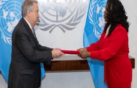 Dr. Mutryce Williams, presents her credentials to UN Secretary General Antonio Guterras on Monday (SKNIS Photo)