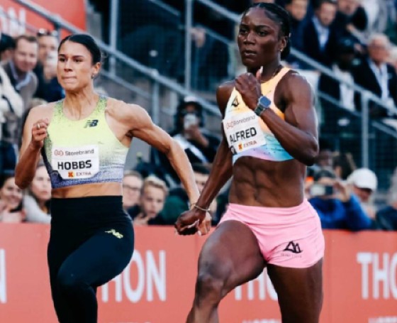 Julien Alfred (right) racing to victory in the 100m at the Diamond League meet in Norway on Wednesday.