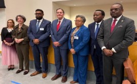 Guyana’s President Dr. Irfaan Ali (third from left) and CARICOM Secretary General Dr. Carla Barnett (third from right) at the PAHO meeting in New York
