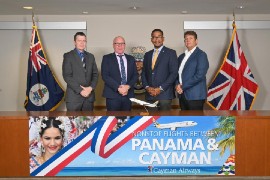 At the press briefing on Monday, February 13, 2023, announcing the relaunch of nonstop flights between Grand Cayman and Panama are (from left): Paul Tibbetts, Executive Vice President of Finance and Commercial Affairs, Cayman Airways; Fabian Whorms, President and CEO, Cayman Airways; the Hon. Kenneth Bryan, Minister for Tourism and Transport; and Capt. Kris Bergstrom, Deputy Chairman of the Board of Directors, Cayman Airways.