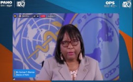 PAHO Director Dr. Carissa Etienne speaking at the news conference (CMC Photo)