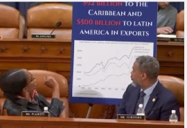 US Congresswoman for the US Virgin Islands, Stacey Plaskett points to a chart showing US exports to the Caribbean at a hearing of the US House Ways and Means Committee on the US tariffs