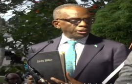Prime Minister Phillip J Pierre, taking his oath of office on Friday (CMC PHoto)