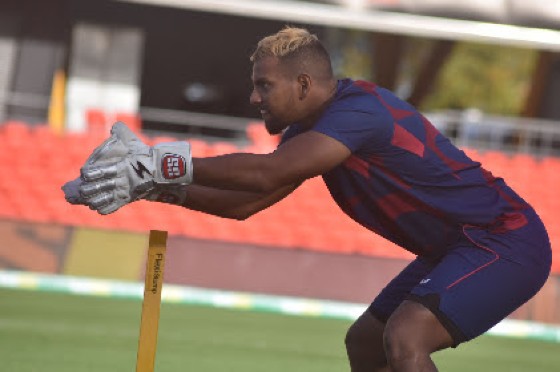 Captain and wicketkeeper Nicholas Pooran going through his paces in the nets ahead of Wednesday’s opening T20 International. (Photo courtesy CWI Media)