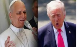 President Donald Trump (right) falsely claims Pope Leo (Left) said Iran can have a nuclear weapon.