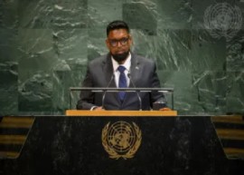 Guyana President Irfaan Ali addressing the 80th session of the United Nations General Assembly on Wednesday (CMC Photo)