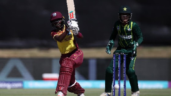Rashada Williams hits down the ground during her top score of 30 for West Indies on Sunday. (Photo courtesy ICC Media)