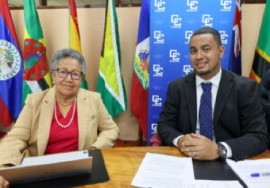 CARICOM Secretary General, Dr. Carla Barnett and Belize Minister of State for Foreign Trade, Marconi Leal (CARICOM Secretariat photo)