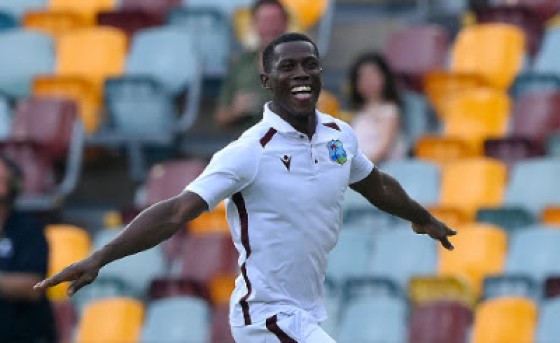 Fast bowler Shamar Joseph celebrates a wicket during his sensational seven-wicket haul on Sunday.