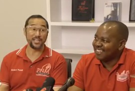 Energy Minister and PNM chairman Stuart Young (left) and PNM general secretary Foster Cummings at a press conference at Balisier House after the party’s general council meeting.