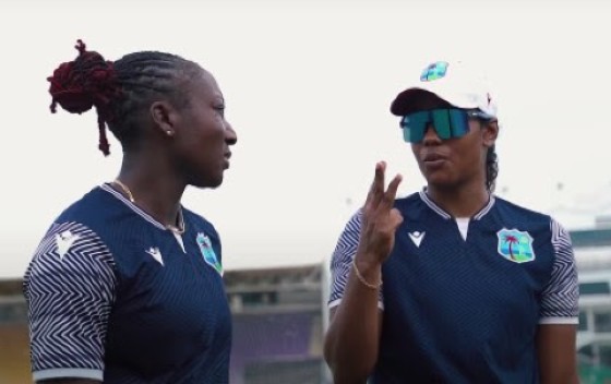 Stafanie Taylor (left) chats with current captain Hayley Matthews during a training session.