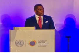 Prime Minister Dr. Terrance Drew addressing SIDS conference in Antigua (CMC Photo)