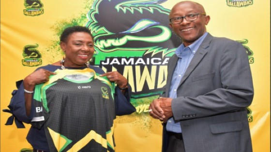 Former Jamaica Tallawahs chief executive officer Jeff Miller (right) with Jamaica's Sports Minister Olivia Grange (left).