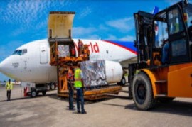 A WFP-chartered cargo plane being unloaded of its 15 MT of desperately needed medical supplies at the Toussaint Louverture International Airport in Port-au-Prince, Haiti. (WFM Photo)
